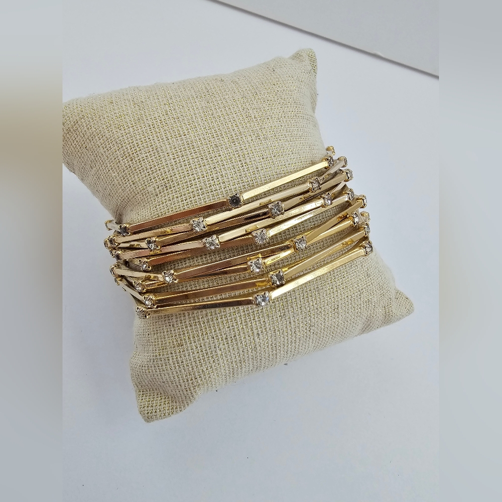 Set of 9 Gold Tone Geometric Zig-Zag Bangle Bracelets Stackable